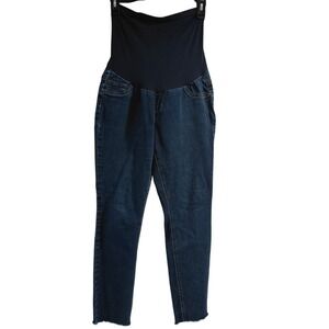 Indigo Blue Secret Fit Belly Maternity Skinny Jeans Dark Wash Raw Hem Large